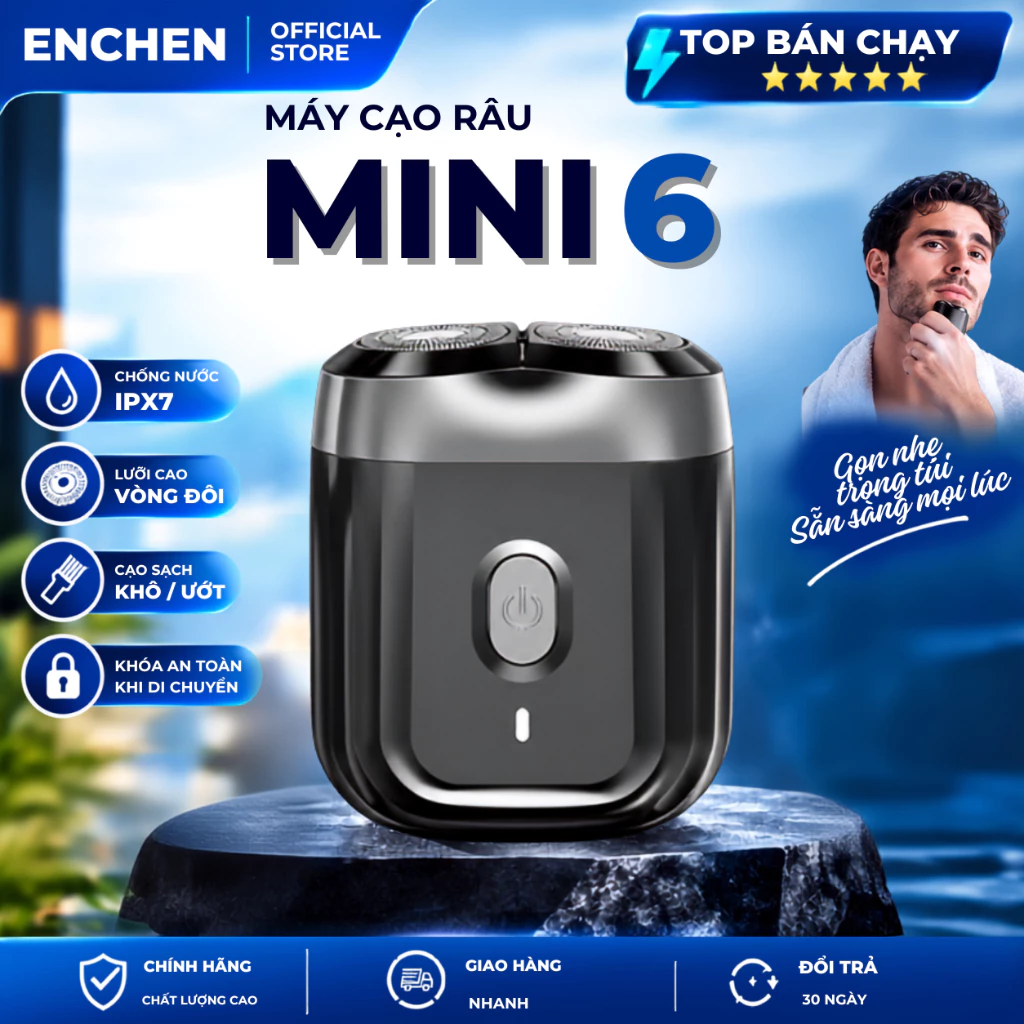 Máy Cạo Râu Mini 6 Enchen, 18 Lưỡi cạo tròn nổi 3D tự mài, Chống nước IPX7 Toàn Thân,Chống kẹt râu