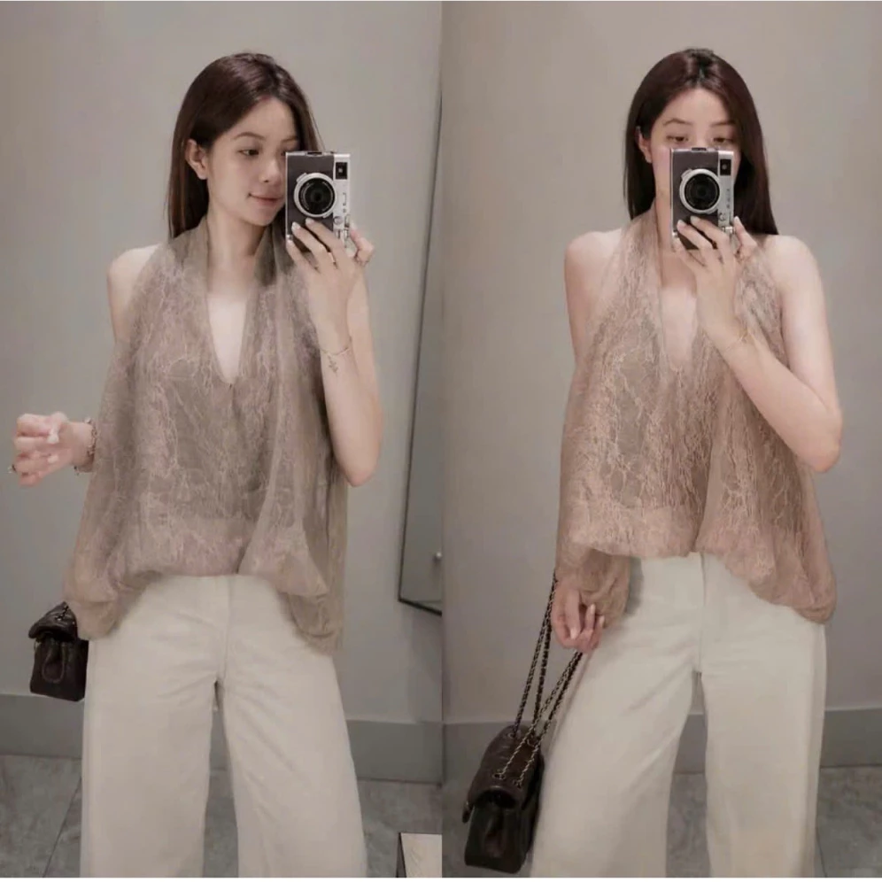 Áo Cố Yếm Phối Ren Họa Tiết 3 Lớp Màu Nâu Tôn Da