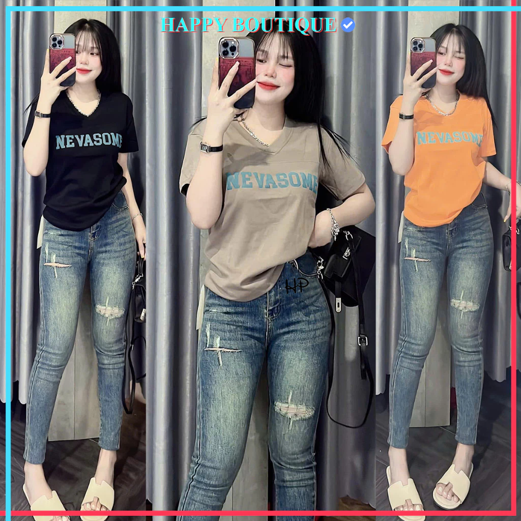 Áo Thun Cổ Tim Nữ Dáng Ôm Vừa [Mã B14], Form 40~60kg Vải Borip Cotton Mềm Mát Co Dãn 4 Chiều [NEVASOME]