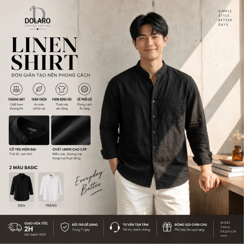 Áo sơ mi tay dài cổ trụ DOLARO chất linen cao cấp đủ màu trắng, xanh đen từ 40-98kg phù hợp cho mang đi học đi làm