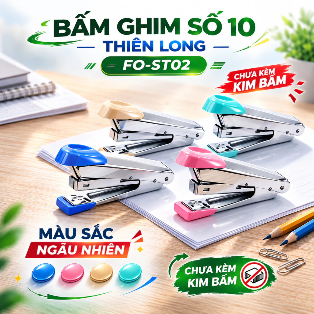 Bấm ghim số 10 Thiên Long FO-ST02 – Nhỏ gọn, chắc chắn, màu ngẫu nhiên