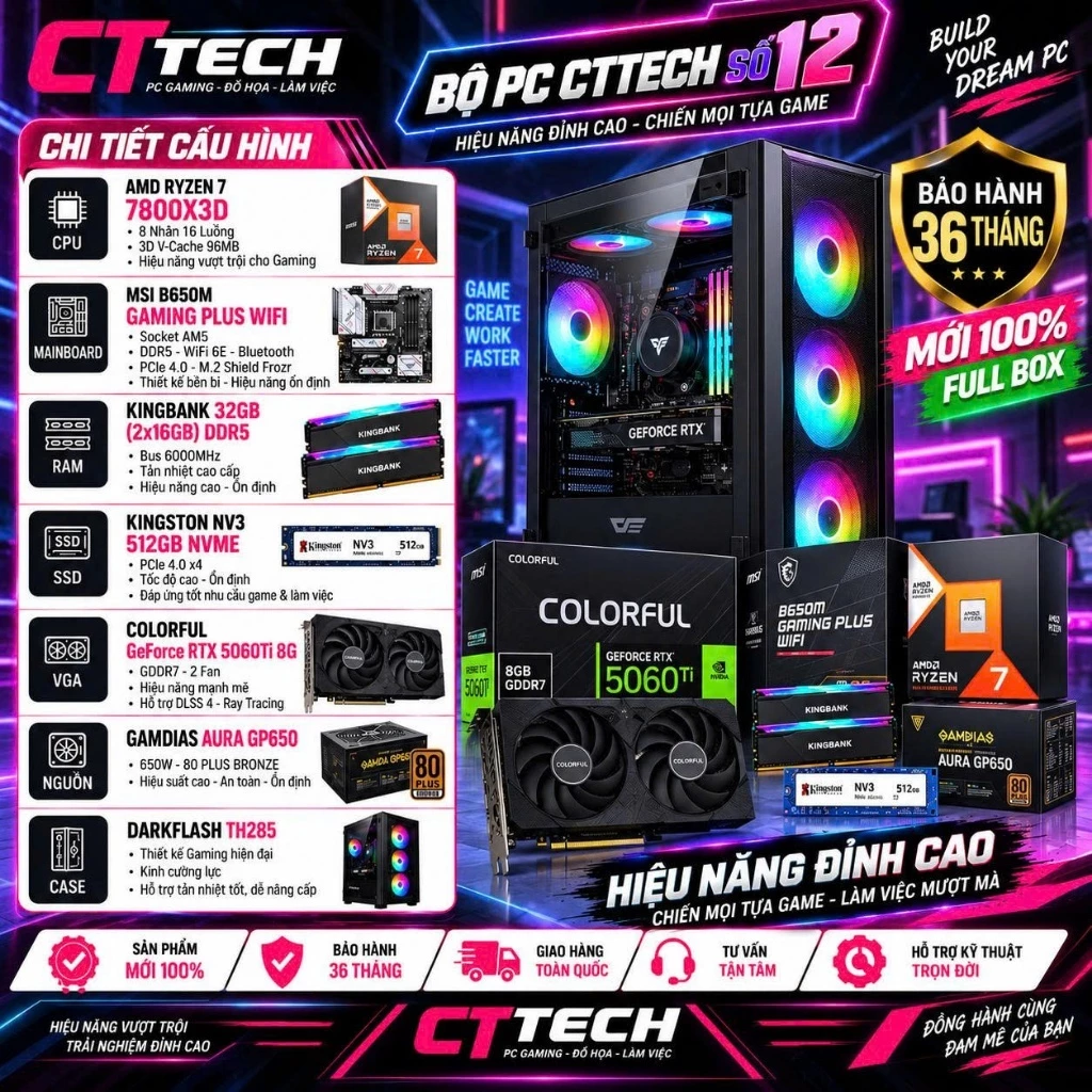 Bộ PC CTTech số 12 COLOFUL RTX 5060TI 8G / Ryzen 7 7800X3D / B650M / 32GB Bus 6000 / Nvme 512GB  | Mới Bảo Hành 36 Tháng