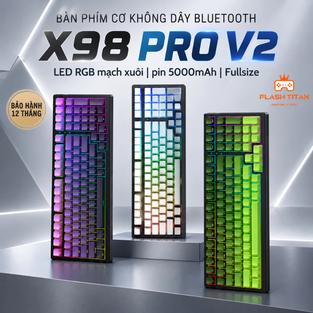Bàn phím cơ bluetooth Xinmeng X98 Pro V2 Fullsize Kết Nối Không Dây - LED RGB mạch xuôi - Dùng cho PC,Laptop văn phòng