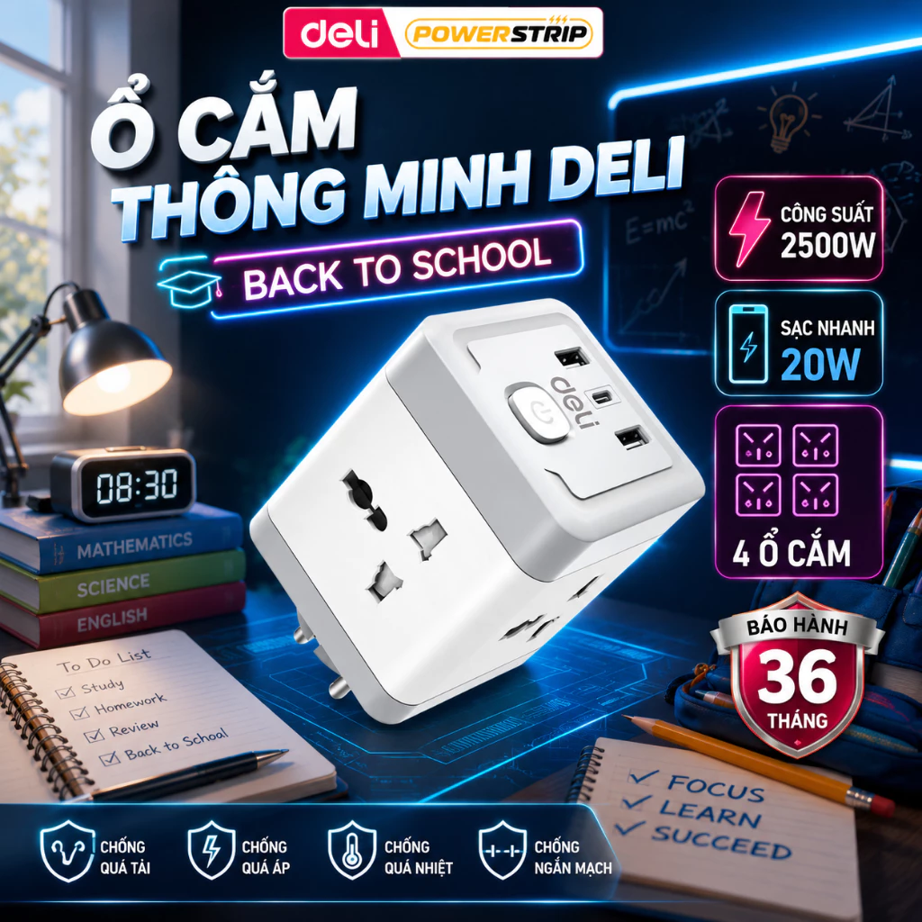 [🔥VOUCHER HOT] Ổ Cắm Trụ Vuông DELI Đa Năng Thông Minh 2500W 4 Lỗ Cắm Sạc USB TypeC Chống Giật An Toàn