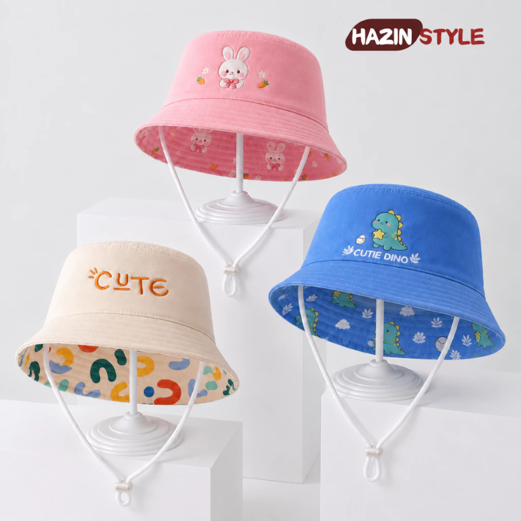 Mũ Bucket 2 Mặt Cho Bé 1-3 Tuổi, Vành Rộng Che Nắng, Cotton Mềm, Có Dây Giữ