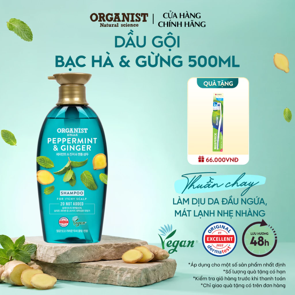 [CHÍNH HÃNG ĐỘC QUYỀN] Dầu gội thuần chay Organist Bạc hà & Gừng làm mát nhẹ nhàng cho da đầu khô, ngứa 500ml