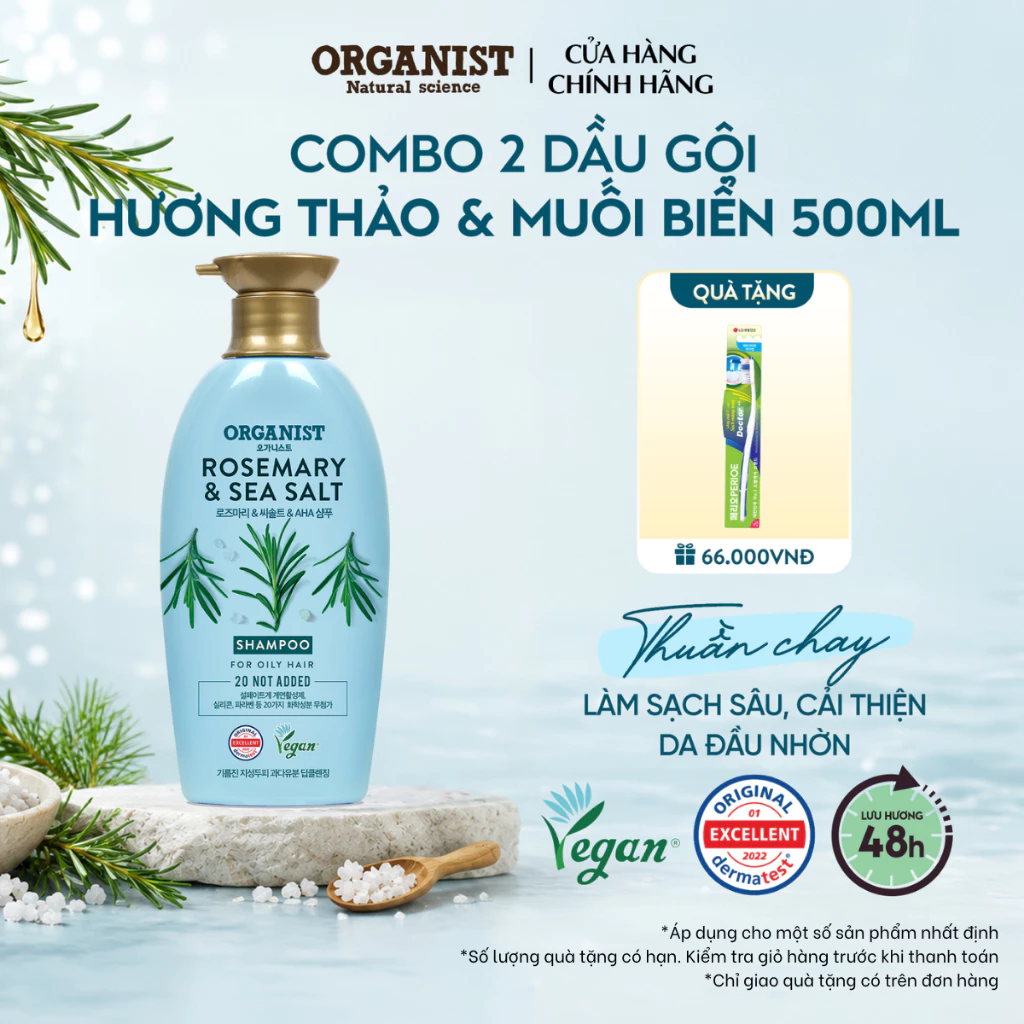 [CHÍNH HÃNG ĐỘC QUYỀN] Dầu gội thuần chay Organist Hương Thảo & Muối Biển giúp sạch sâu da đầu nhờn 500ml