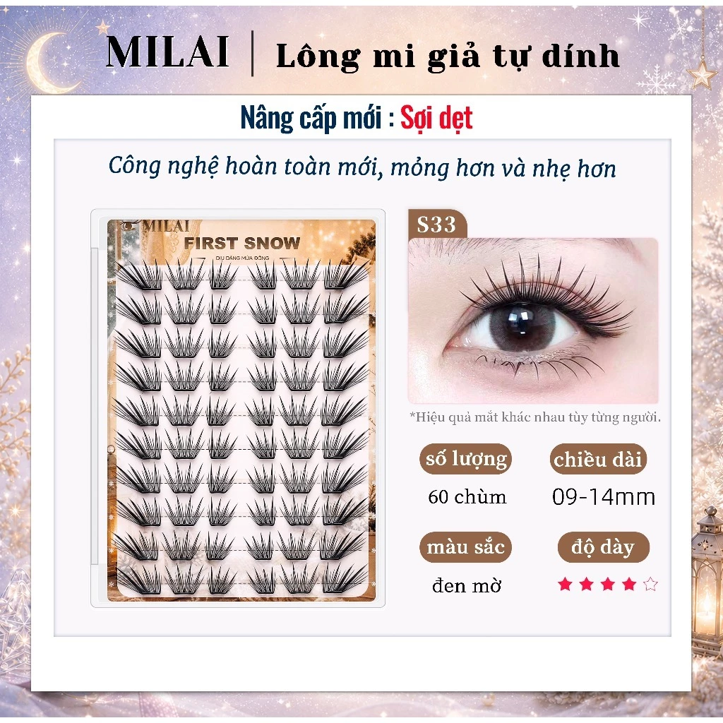 MILAI Lông mi giả tự dính S33, sợi dệt nâng cấp 60 chùm, mi cluster không keo, mắt to quyến rũ dễ dùng cho người mới