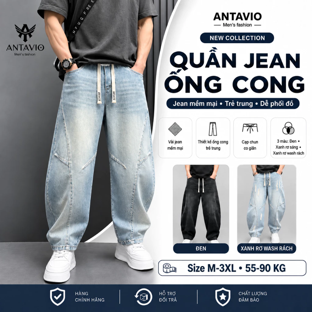 Quần Jean Nam Ống Cong Cạp Chun ANTAVIO, Quần Bò Nam Phối Triết Ly Trẻ Trung Size M–3XL 55–90KG QJC545