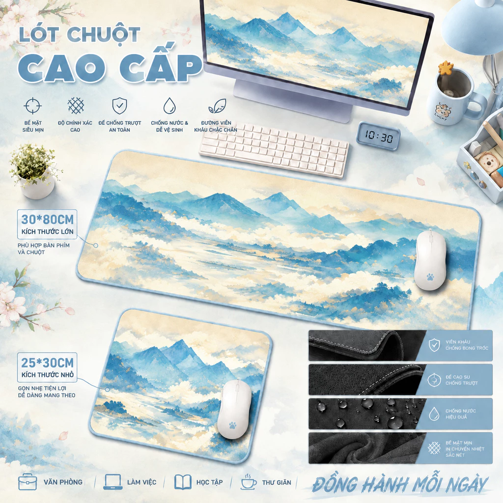 Tấm lót chuột cỡ lớn tranh sơn thủy phong cảnh, tấm lót chuột bàn phím, họa tiết sang trọng, size 80*30 & 30*25