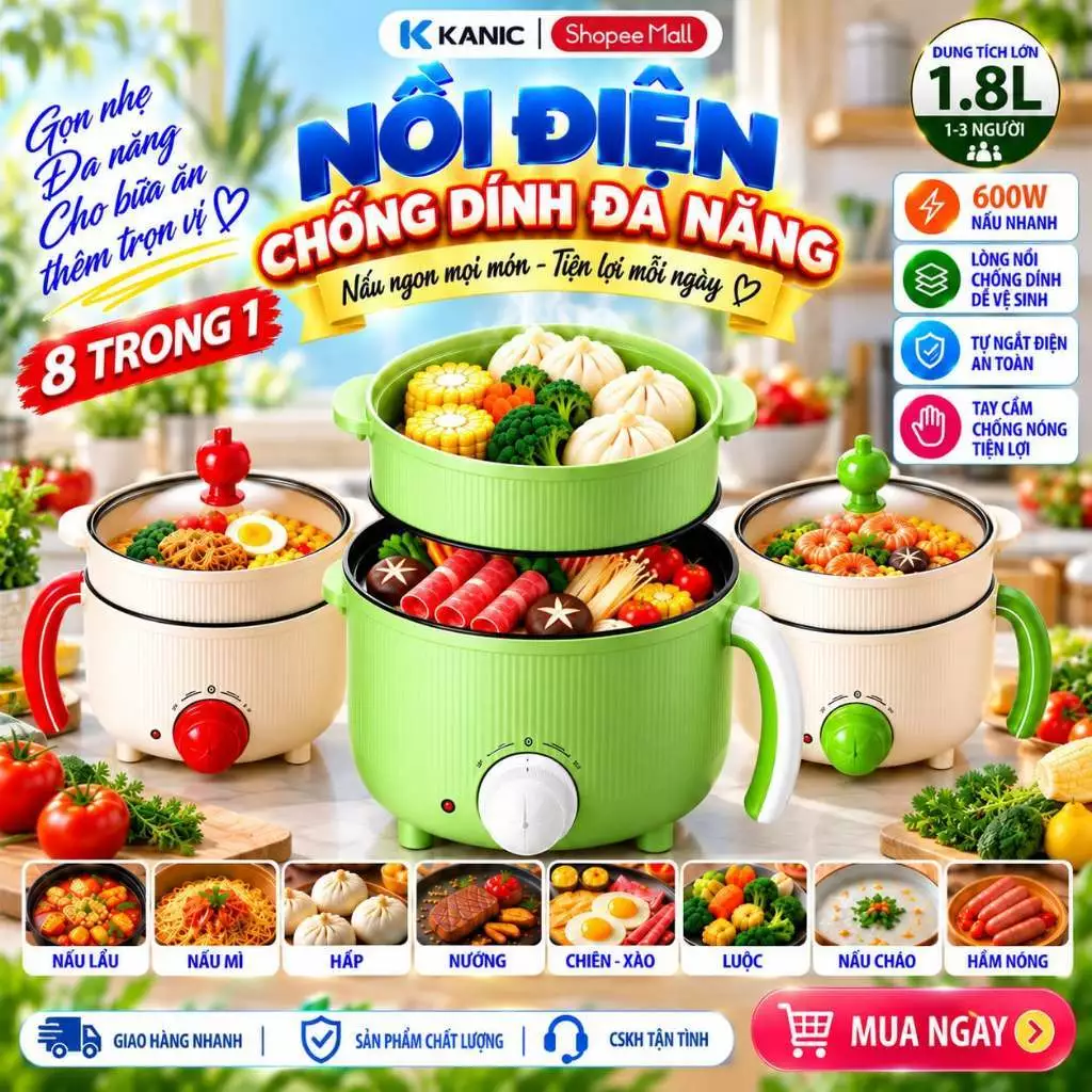[SSS] Nồi lẩu điện mini nấu mì 2 tầng KANIC kèm giá hấp đa năng, nướng, luộc, chiên, chống dính vấn đá tiện lợi