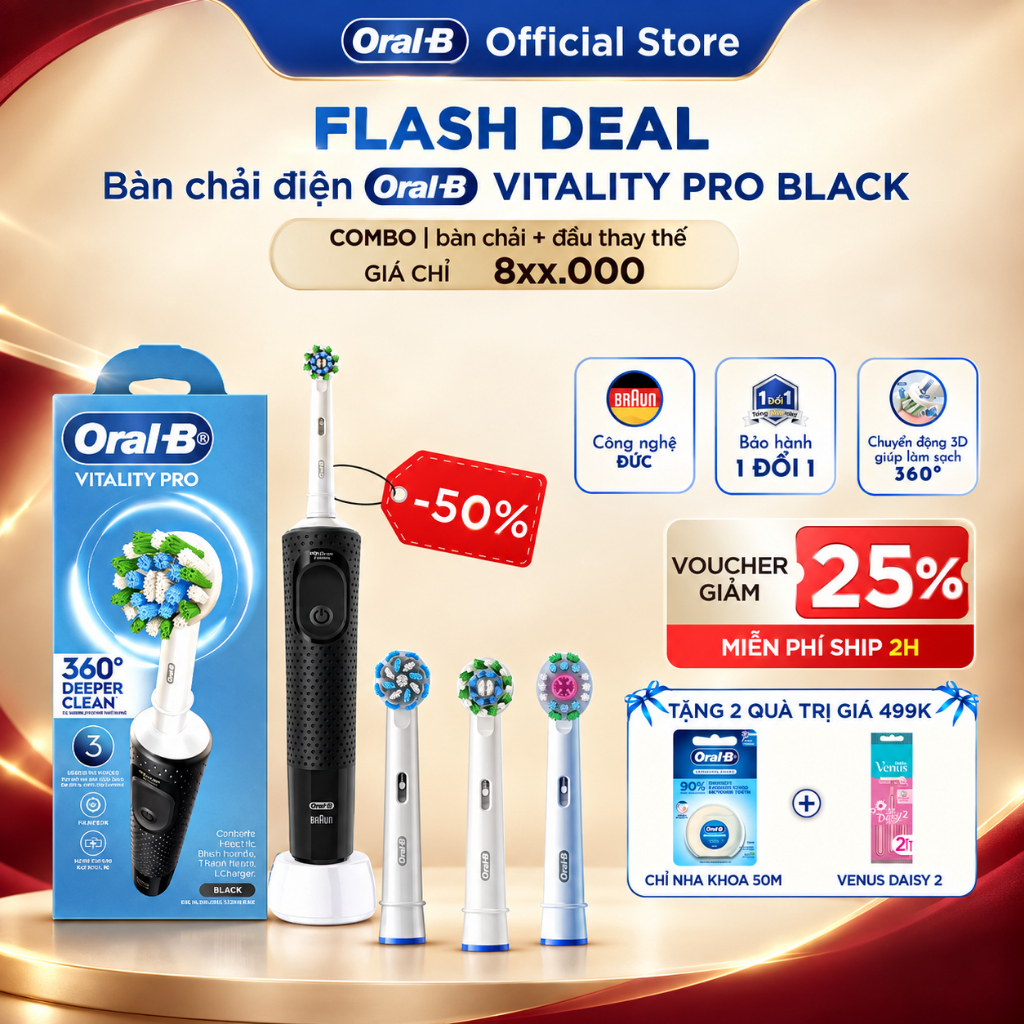 Mua 1 Bàn Chải Điện ORAL B VITALITY Pro Đen TẶNG Set 2 Đầu Bàn Chải
