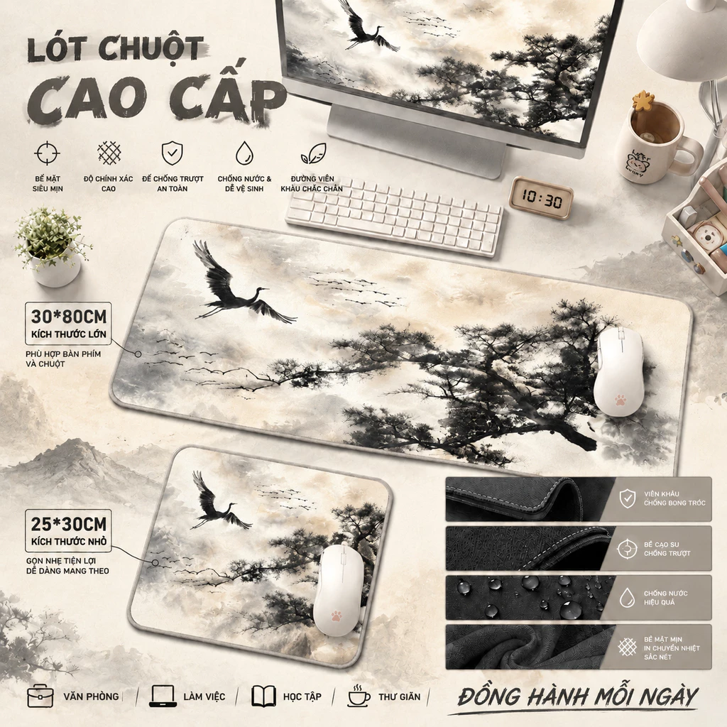Tấm lót chuột tranh sơn thủy thủy mặc cao cấp, tấm lót chuột bàn phím cỡ lớn, chống trượt, size 80*30 & 30*25