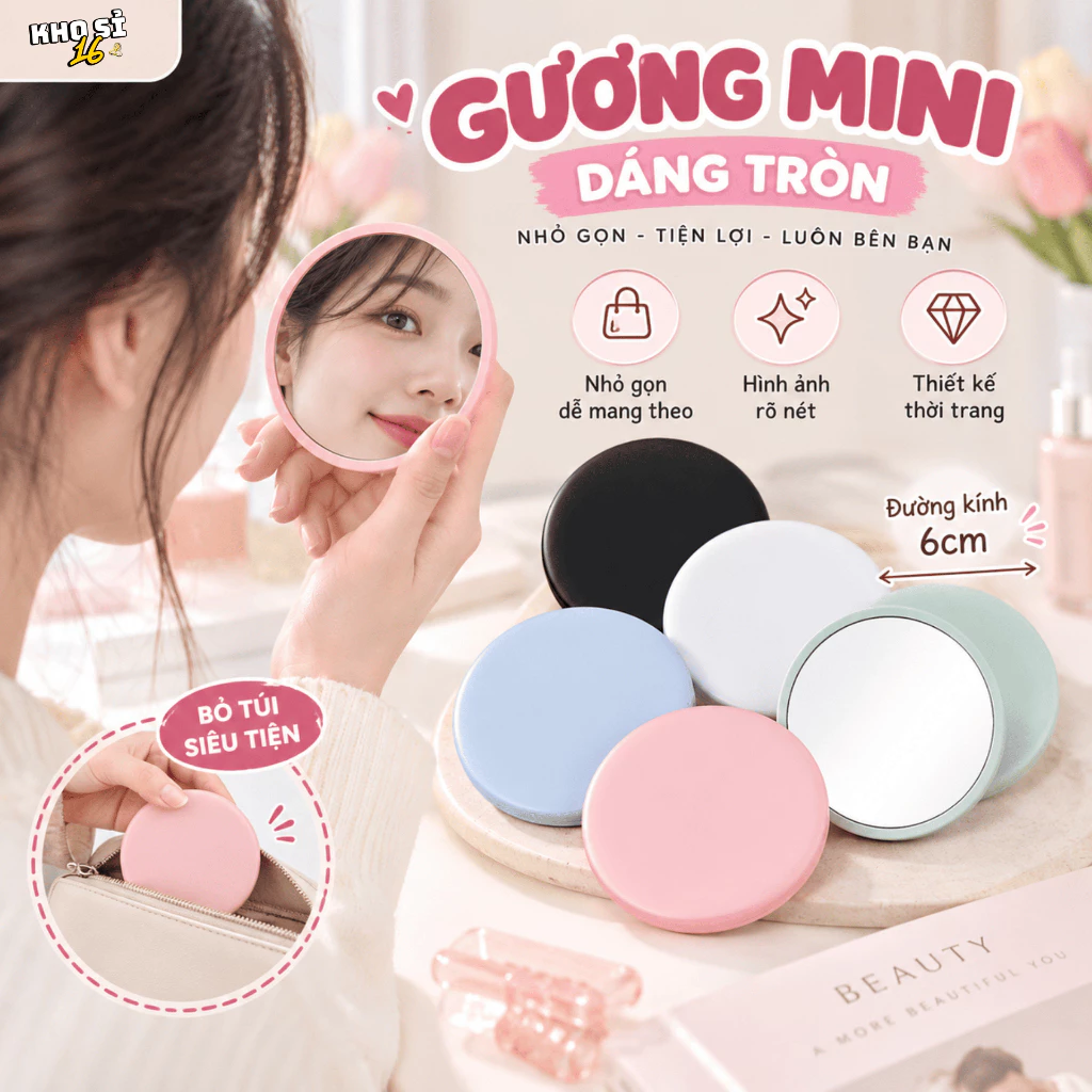 Gương Cầu Phẳng Dáng Tròn Hot Trend 6cm, Gương Mini Cầm Tay Nhỏ Gọn Nhiều Màu Phong Cách Hàn Quốc_khosi16-GP01