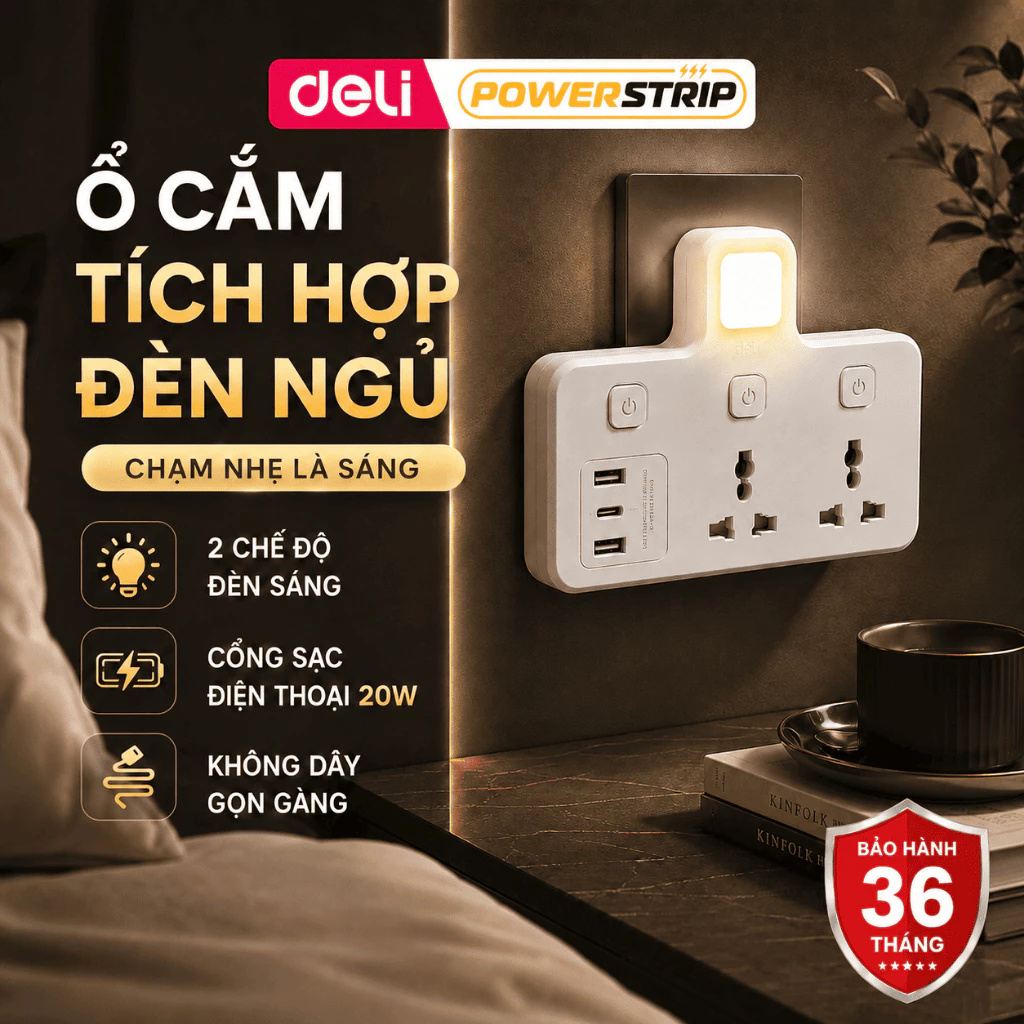 [MỚI 2026] Ổ Điện Đa Năng Tích Hợp Đèn Ngủ, Ổ Chia Điện Chữ T Sạc Nhanh USB Type C 20W Đặt Đầu Giường