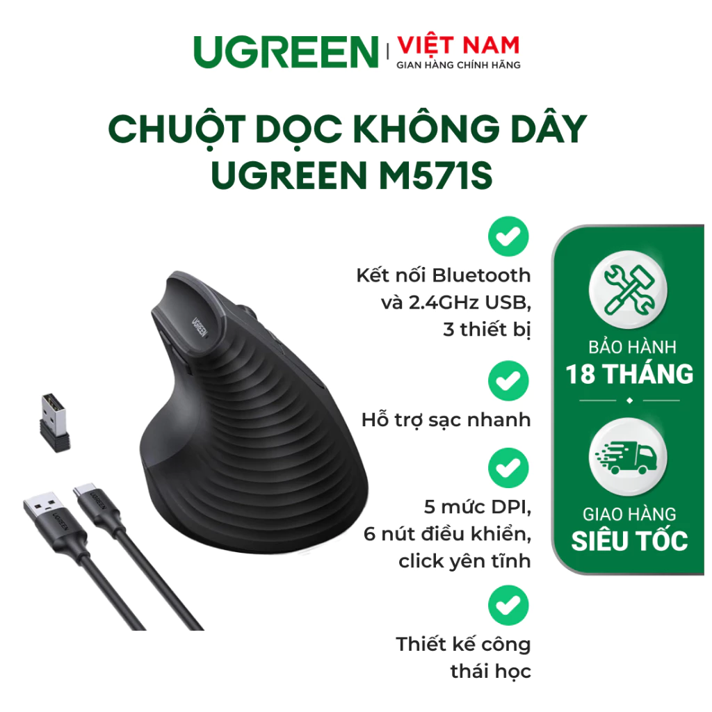 Chuột dọc không dây Ugreen M571S| 4 mức độ DPI | Thiết kế góc dọc 57° với 5 nút  | Bảo hành 18 tháng 1 đổi 1 | 85237