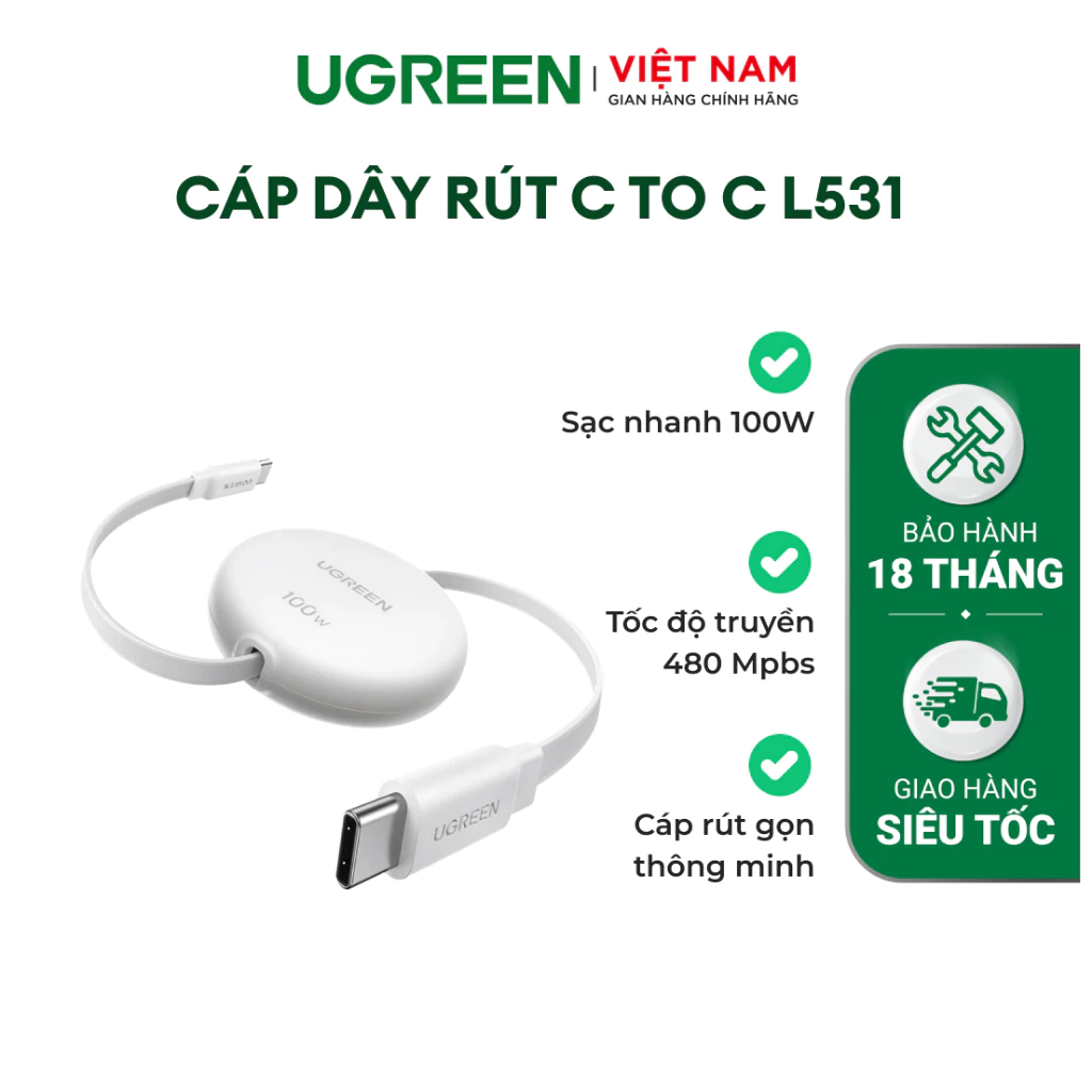 Cáp dây rút dữ liệu Type C sang Type C UGREEN 1m Sạc nhanh PD 100W | Tốc độ truyền 480 Mbps | BH 18 tháng 1 đổi 1| 95673
