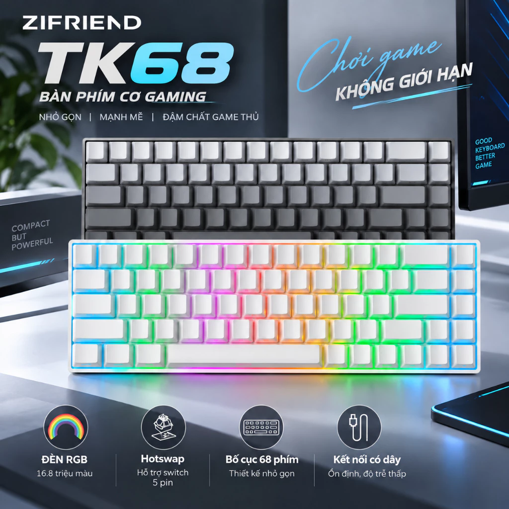 Bàn Phím Cơ Gaming Có Dây ZIFRIEND TK68, 5PIN Hot Swap, RGB LED, Khắc Ký Tự Bên Hông, Switch Bạc Hà