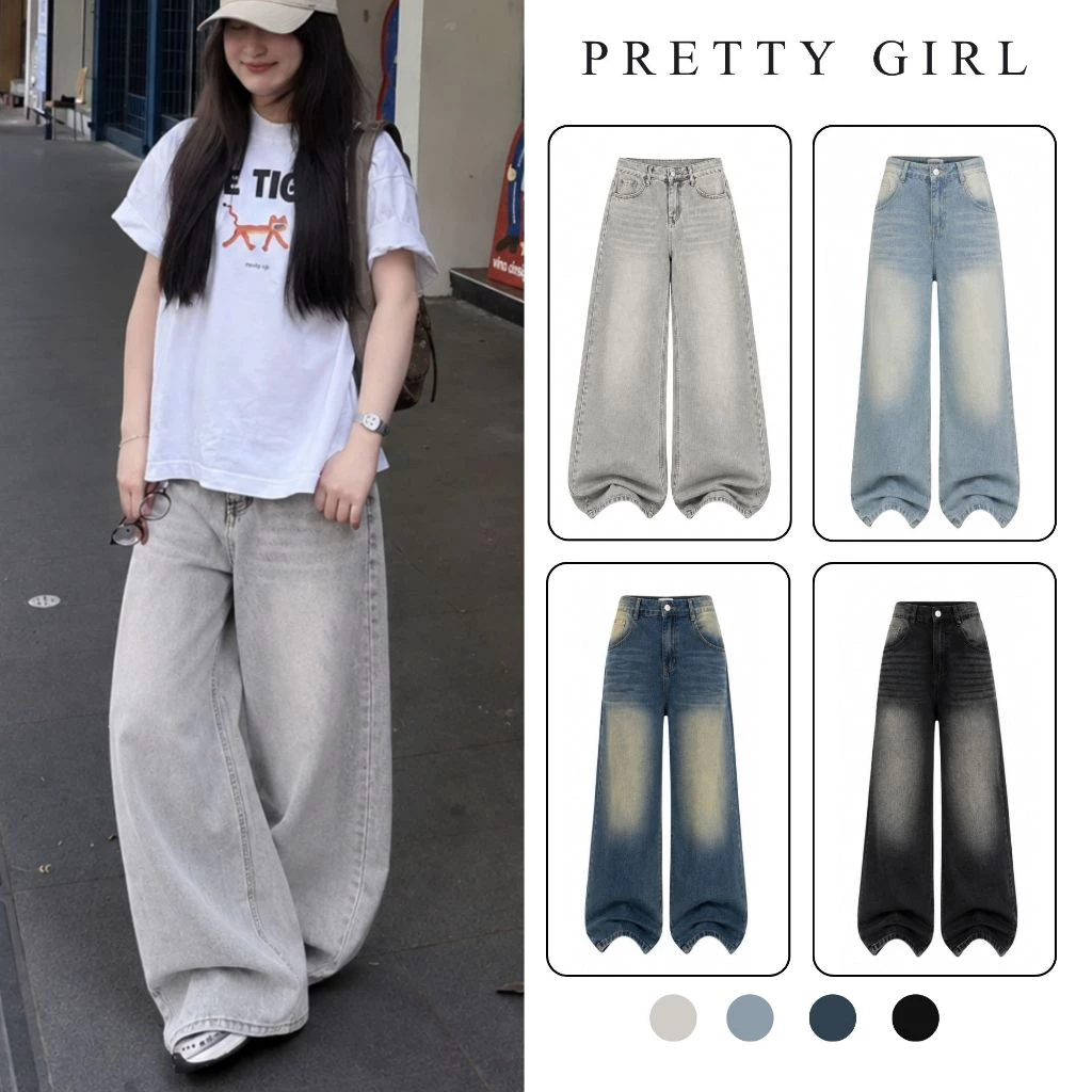 Quần Jean Nữ Ống Rộng Pretty Girl, Quần Bò Nữ Ống Suông Form Rộng Nhiều Màu Phong Cách Hàn Quốc