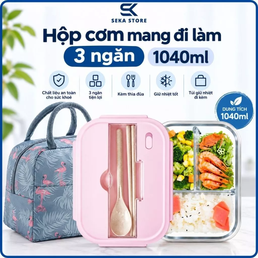 Hộp Đựng Cơm Thuỷ Tinh 3 Ngăn Mang Đi Làm Chống Tràn, Hộp Cơm Quay Được Lò Vi Sóng