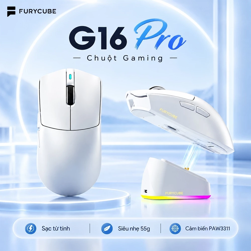 Chuột Gaming Không Dây FURYCUBE G16PRO – PAW3311, 3 Mode, 22000 DPI, 1kHz, Bluetooth, 2.4G, Dock Sạc