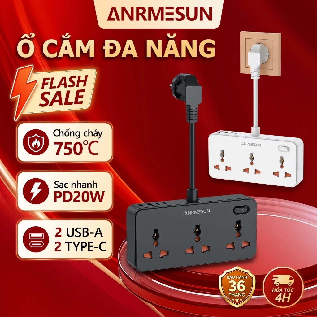 [HỎA TỐC]Ổ Cắm Đa Năng ANRMESUN Sạc Nhanh PD20W 2 USB 2 Type-C Chống Cháy An Toàn Công Suấ 2400W Cầu Chì Tự Ngắt Quá Tải