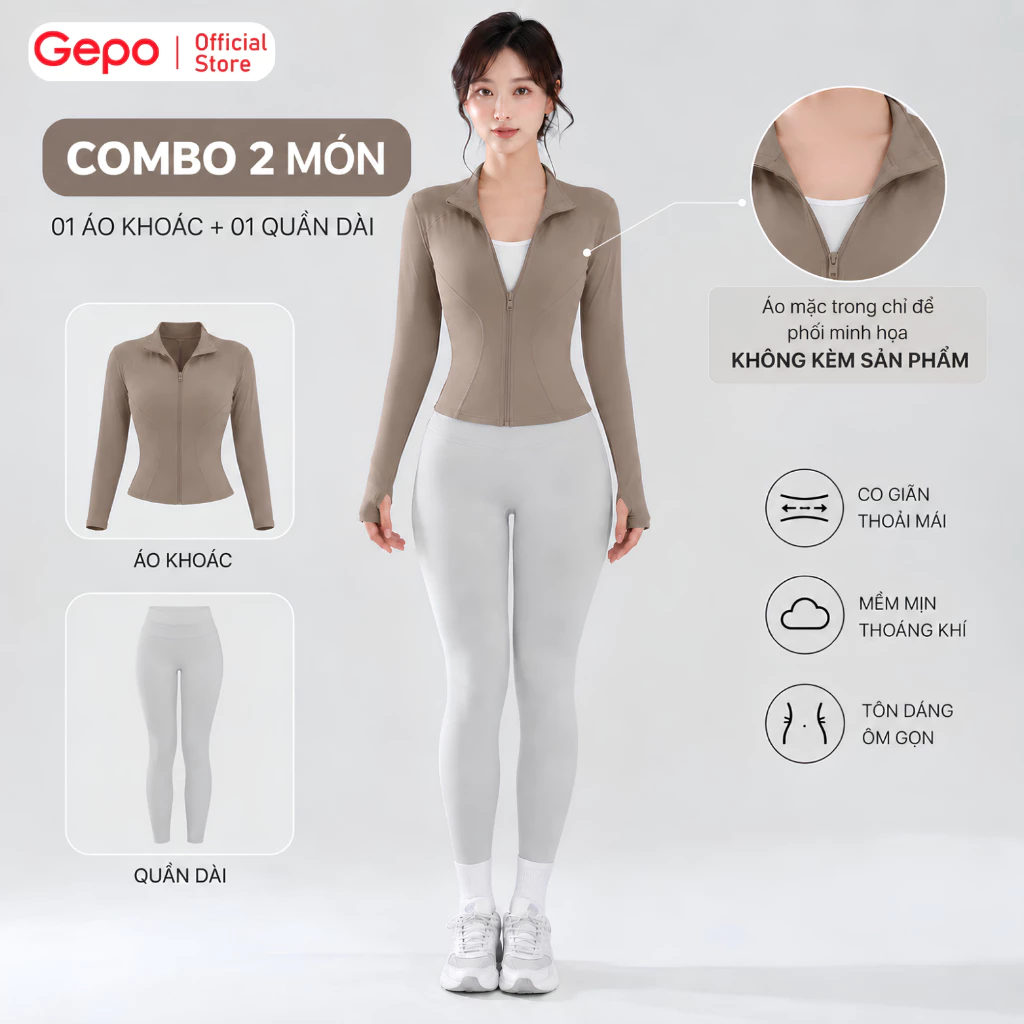 GEPO Bộ Đồ Thể Thao Nữ Áo Khoác Dài Tay Quần Dài Ôm Dáng Cạp Cao Co Giãn Tập Gym Yoga GP326