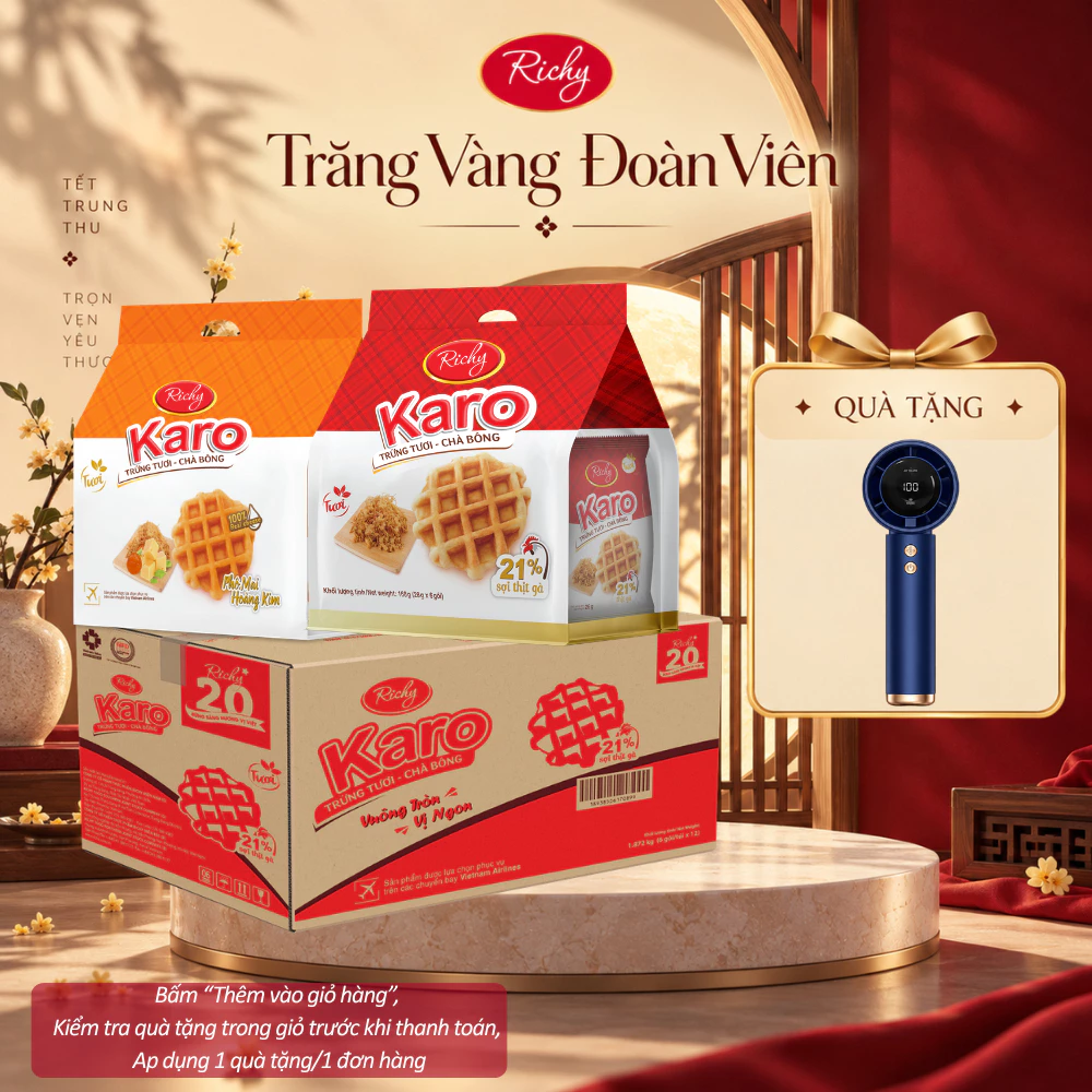 [HOẢ TỐC HN] [TẶNG QUẠT] Thùng 72 Bánh (6 bánh/túix12 túi/thùng)Karo Richy Trứng Tươi Chà Bông&Hoàng Kim Phô Mai
