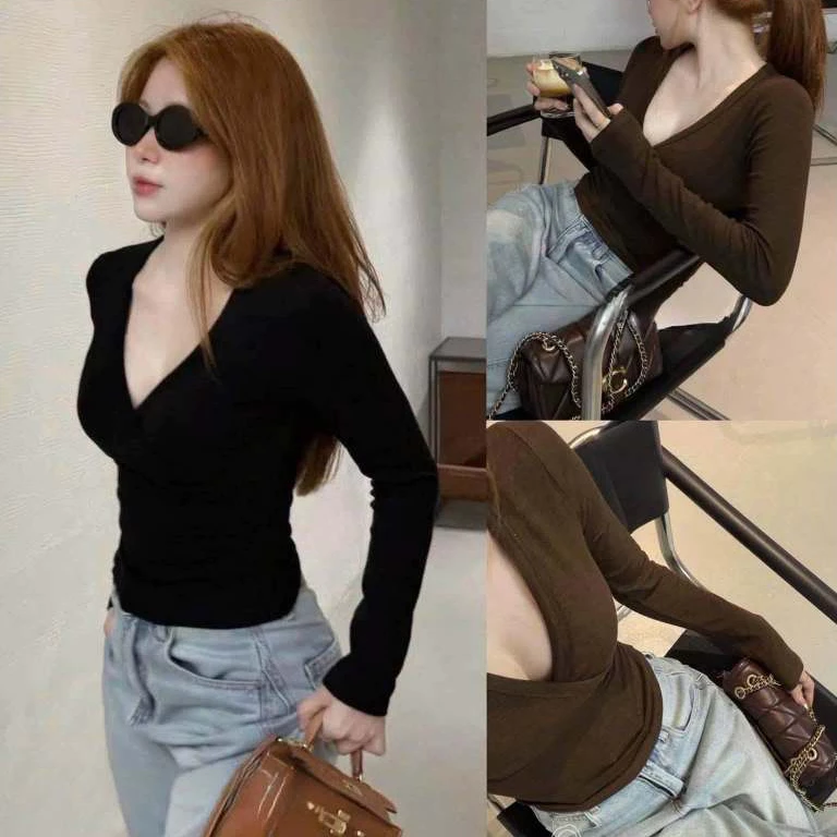 Áo Thun Dài Nữ Cổ V Vạt Chéo Chất Bozip 2 Màu Nâu Đen, Áo Thun Nữ Ôm Body