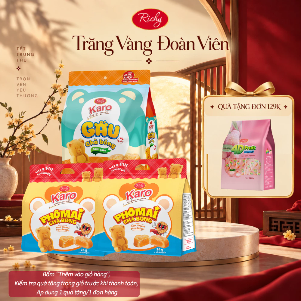 [HỎA TỐC HN] [Quà Tặng Đơn 129k] Combo 3-4 bịch bánh Richy Karo Gấu - Chà Bông [MỚI], Gấu Nhân Phô Mai Hoàng Kim