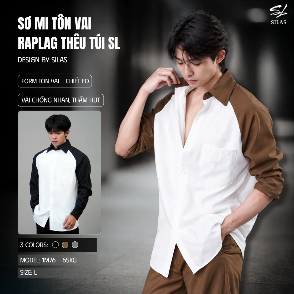 Áo Sơ Mi SILAS Trơn RapLag Thêu Túi SL Phối Tay Đen Cotton Chéo Menswear Form Rộng Cổ Bẻ - ASL5