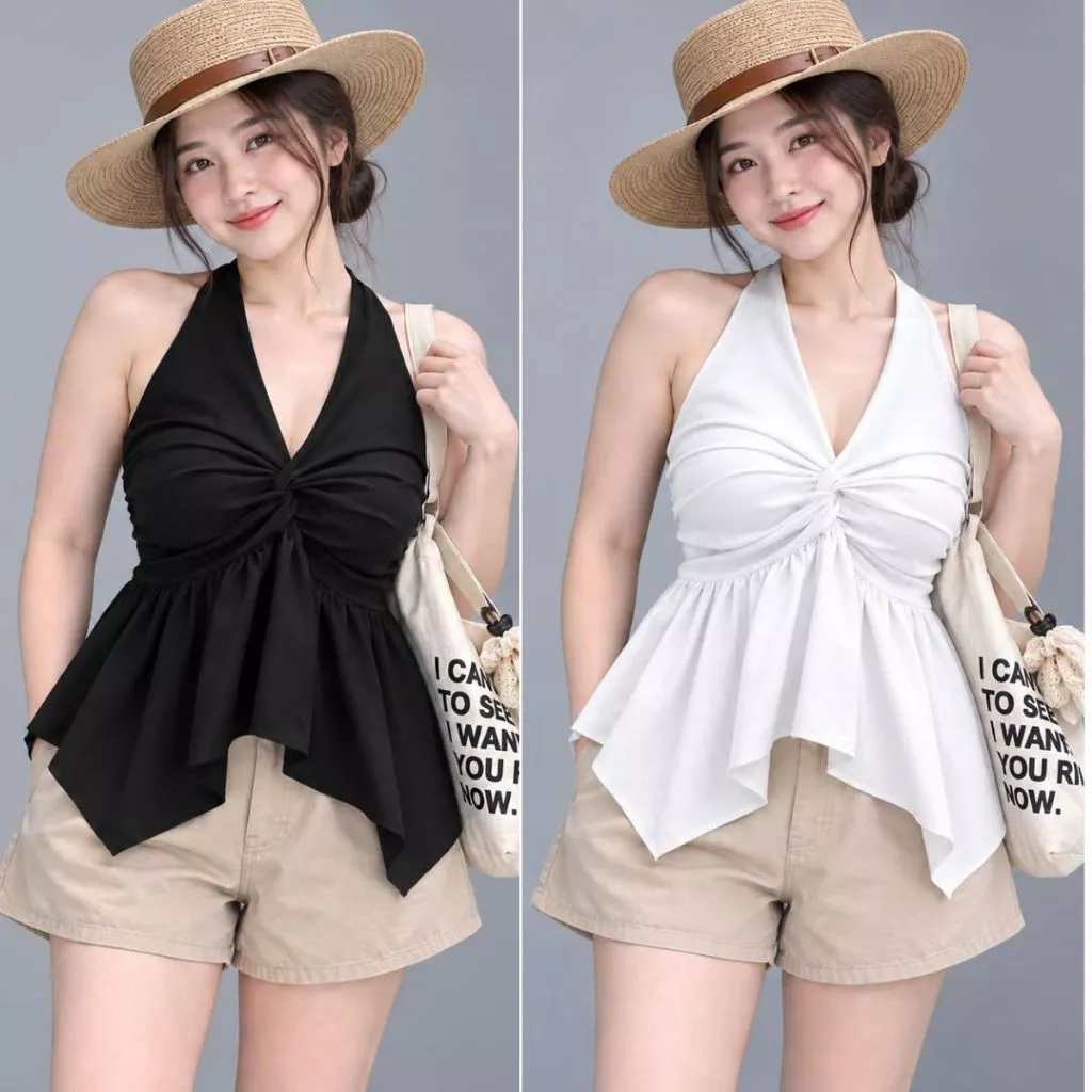 Áo Yếm Nữ Bigsize Nhún Ngực Dáng Xòe – Cổ Yếm Buộc Nơ Sau Lưng, Tôn Eo, Trẻ Trung Nữ Tính-A375