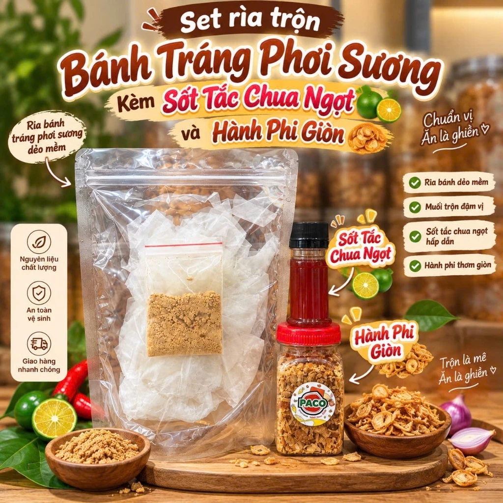 bánh tráng chấm sốt tắc cùng muối nhuyễn hành phi có thể trộn chấm cùng bánh phơi phơi sương rìa dẻo ngon Paco Food