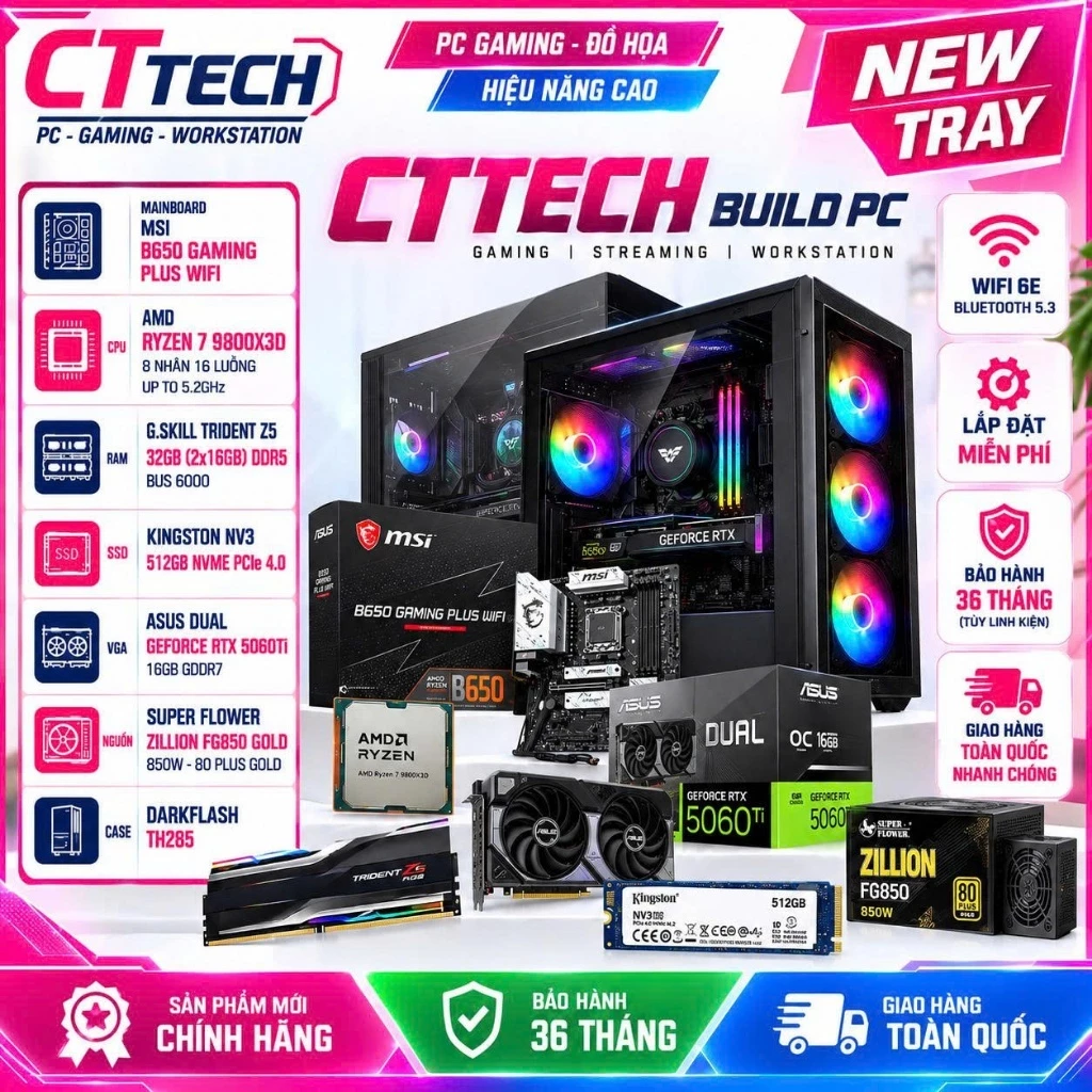 Bộ PC lắp ráp CTTech 06 Asus 5060Ti 16GB / Ryzen 7 9800X3D /  B650 / 512GB /  Mới | Bảo hành 36 Tháng