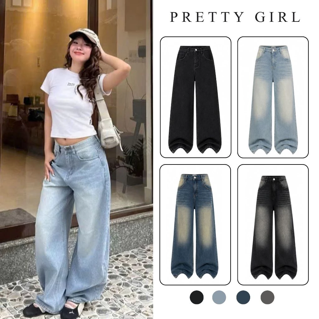 Quần Jean Nữ Lưng Cao Ống Rộng, Quần Bò Nữ Lưng Cao Ống Suông Rộng Style Hàn Quốc Dáng Suông