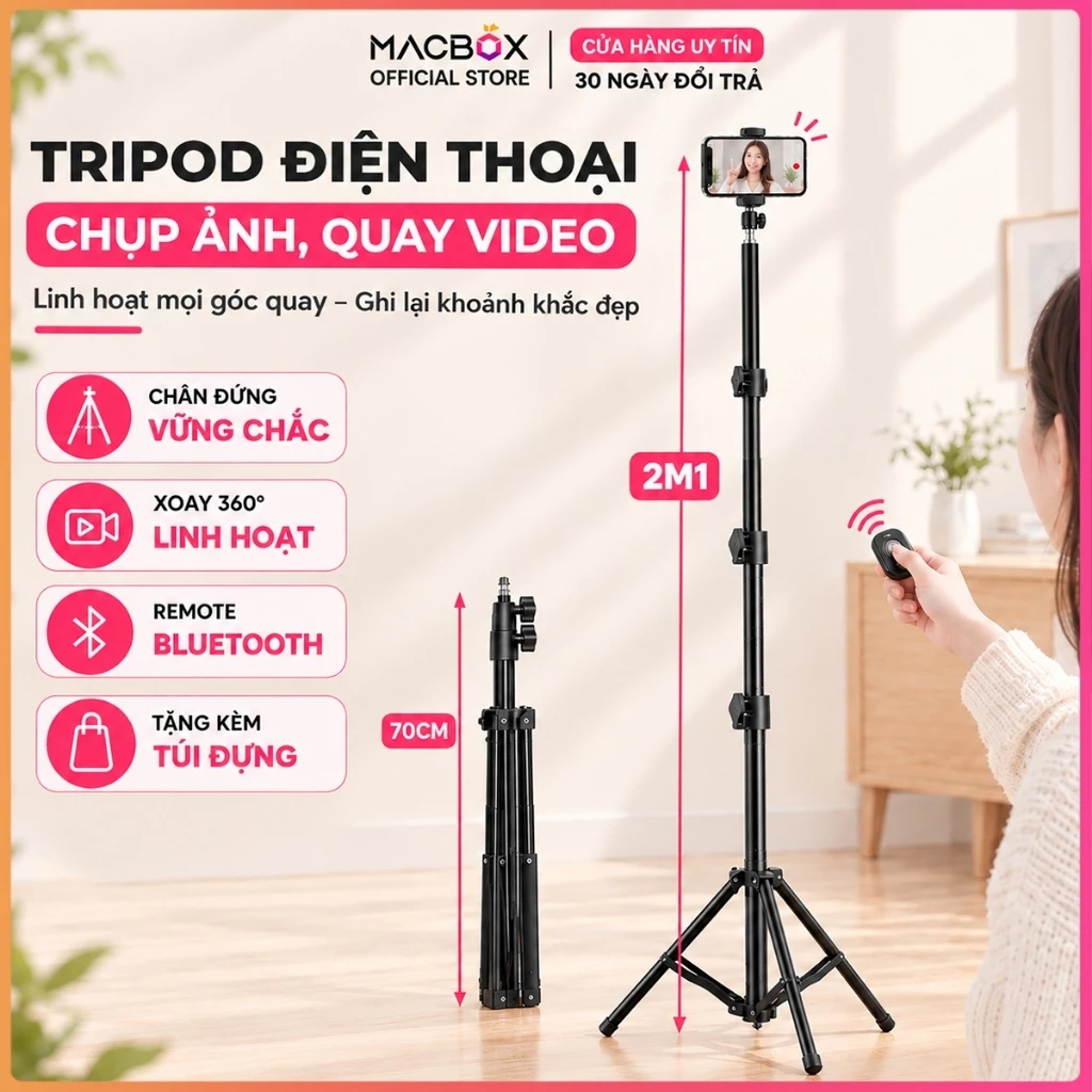 Chân đỡ điện thoại, máy ảnh Tripod 3 chân cao 2M1 chụp ảnh, quay phim video, livestream có remote xoay 360 độ