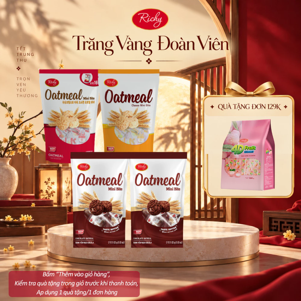 [HỎA TỐC HN] [Quà Tặng Đơn 129k] Combo 4 Túi Bánh Yến Mạch Richy Mini Bite Oatmeal Vị Sữa, Phô Mai & Socola