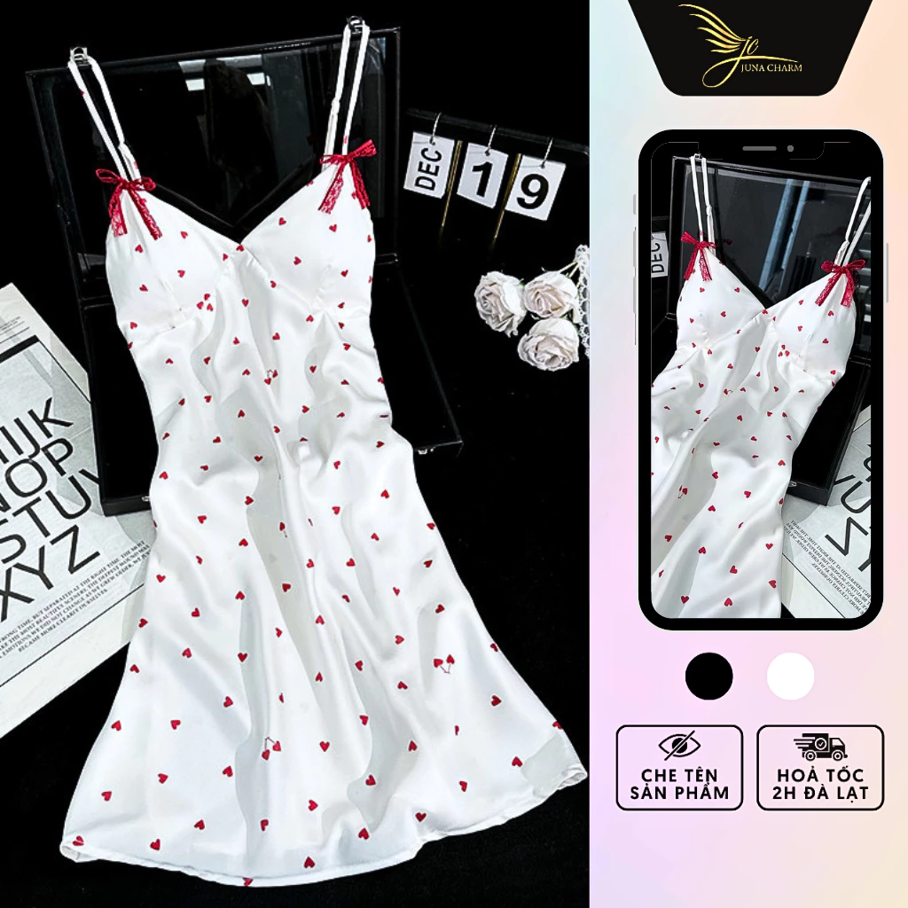 Váy ngủ 2 Dây, Đầm Ngủ Xinh Xắn JUNA Freesize Thời Trang Đồ Ngủ Dành Cho Nữ, Chất Vải Lụa Tơ Cao Cấp, Họa Tiết/SP65A