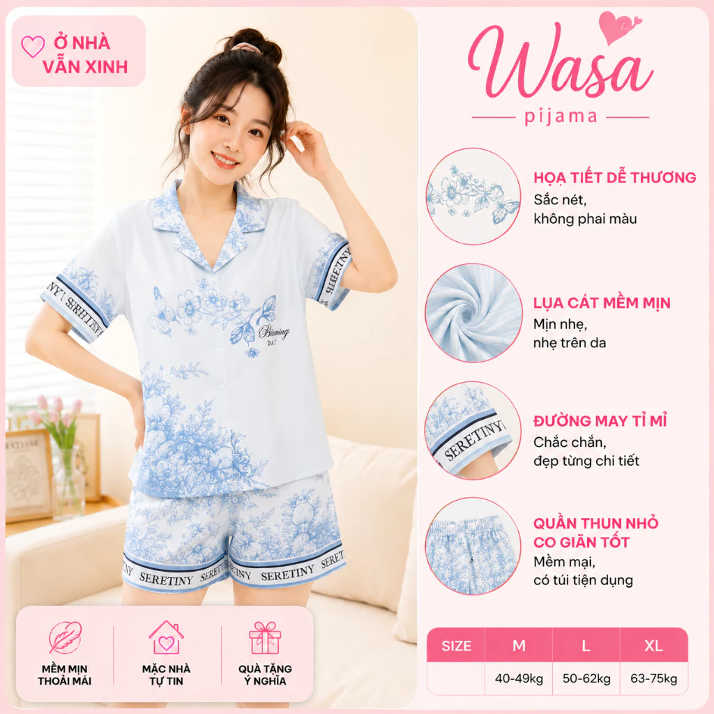 [Wasa] Bộ Đồ Ngủ Nữ Pijama Áo Cộc Quần Cộc Beautyful Lụa  Freezise  40-68kg