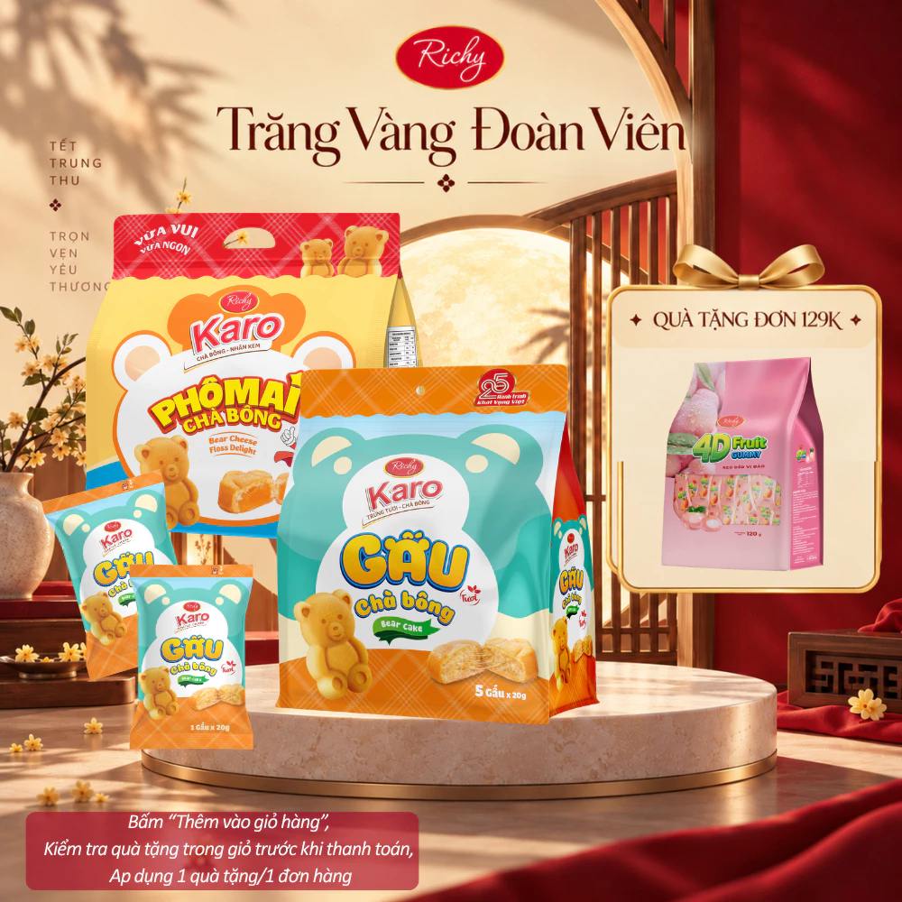 [HỎA TỐC HN] [Quà Tặng Đơn 129k] Bánh Karo Chà Bông Hình Gấu Richy-Bánh Trứng Tươi Chà Bông [MỚI]/ Nhân Phô Mai HSD 45N