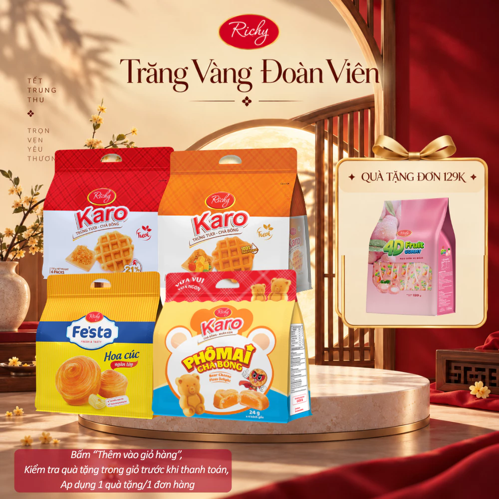[HỎA TỐC HN] [TẶNG KẸO 4D] Combo 4 Bịch Bánh Tươi Karo Richy: Karo Chà Bông Sợi Gà,Phô Mai, Gấu & Bánh Mì Hoa Cúc