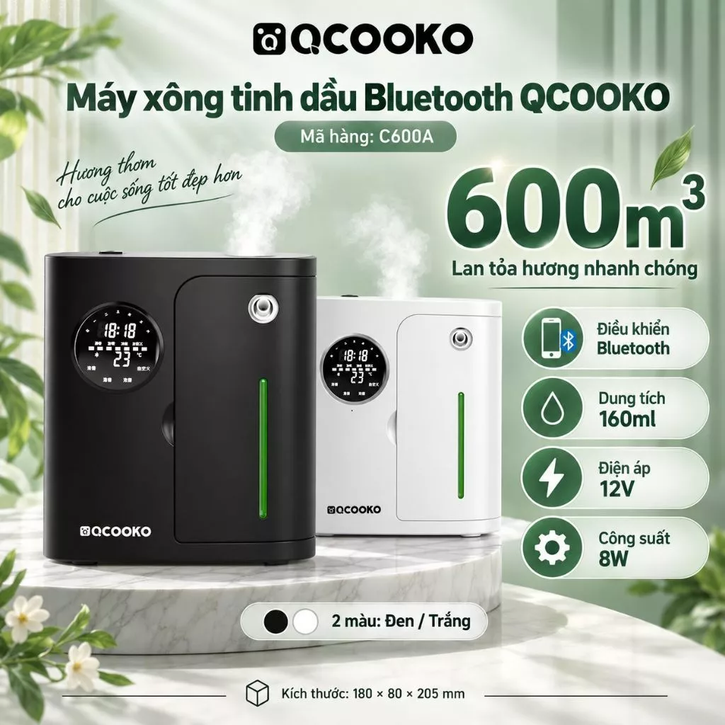Máy Xông Tinh Dầu Bluetooth QCOOKO C600A 160ml, Điều Khiển Qua Điện Thoại, Hẹn Giờ, Hiển Thị Nhiệt Độ, Treo Tường/Để Bàn