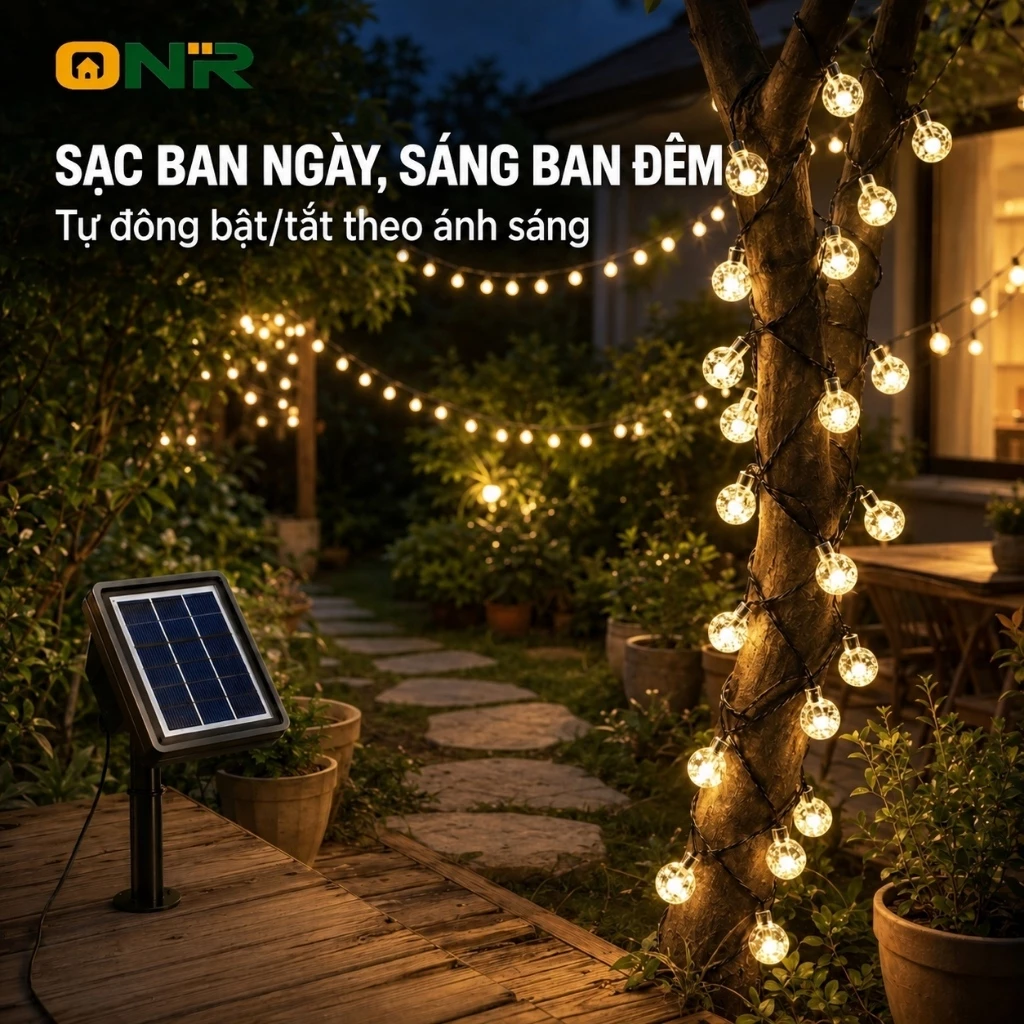 Đèn Năng Lượng Mặt Trời ONR Dây LED Bóng Cầu Pha Lê Chống Nước Trang Trí Sân Vườn Ban Công