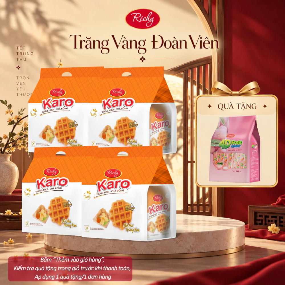 [HỎA TỐC HN] [Tặng Kẹo 4D] Combo 4 Bịch Bánh Tươi KARO Hoàng Kim Richy (26g/chiếc)
