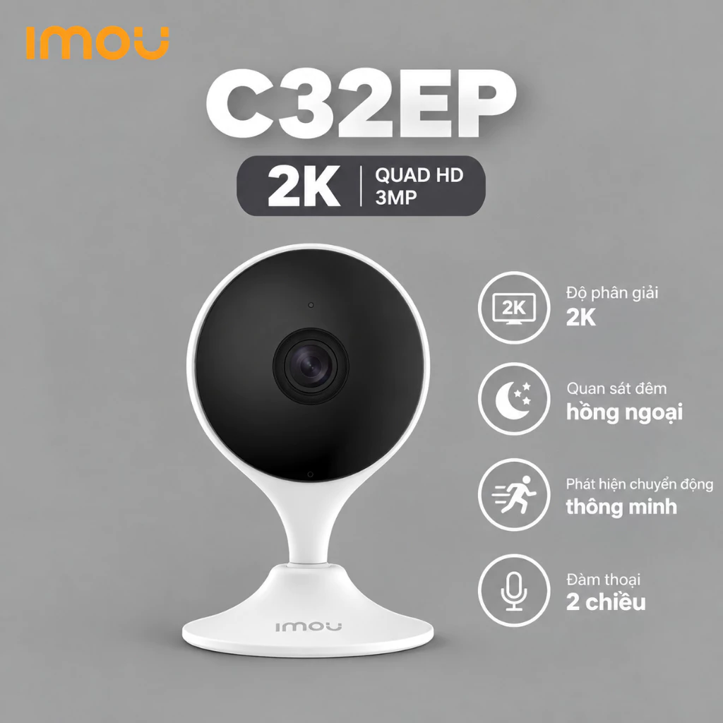 (TẶNG DÂY 5M đơn cam+thẻ)Camera Cố Định IMOU trong nhà C32EP 3MP,Hình ảnh 2K,