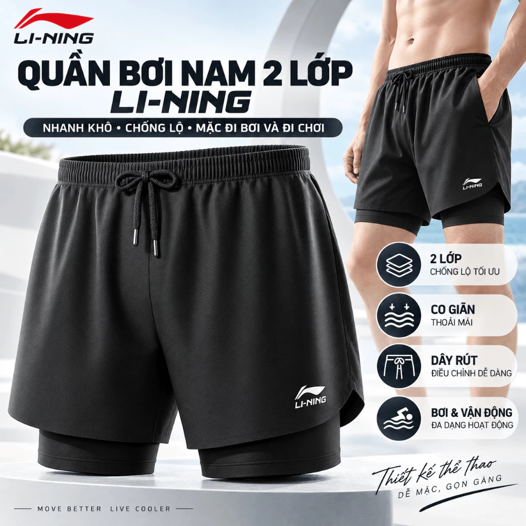Quần bơi nam Shiwei Li-Ning 2 lớp dáng thể thao, quần đi biển nhanh khô có lớp lót, mặc bơi tập gym tiện lợi LSKT607