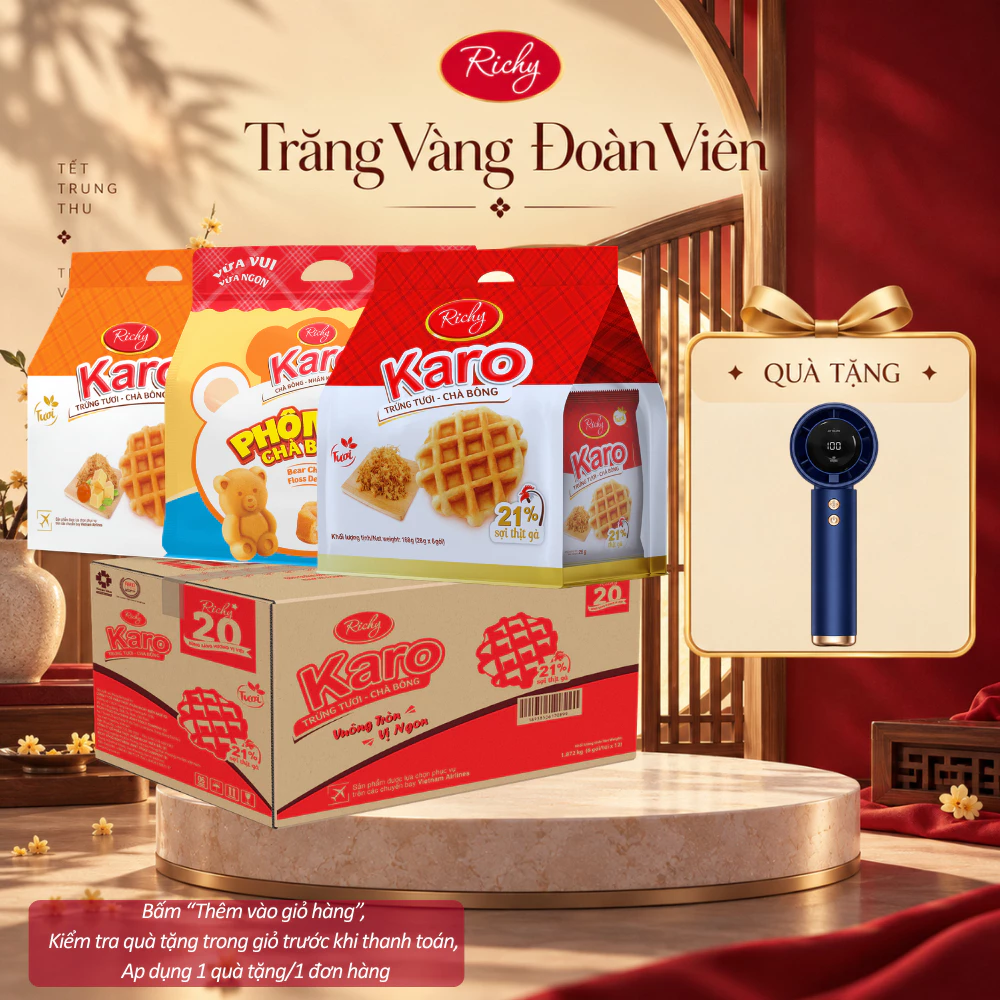 [HỎA TỐC HN] [Tặng Quạt] Thùng Bánh RICHY Karo 3 vị (12 bịch /thùng): 5 Karo Sợi Gà, 5 Karo Hoàng Kim & 2 Gấu
