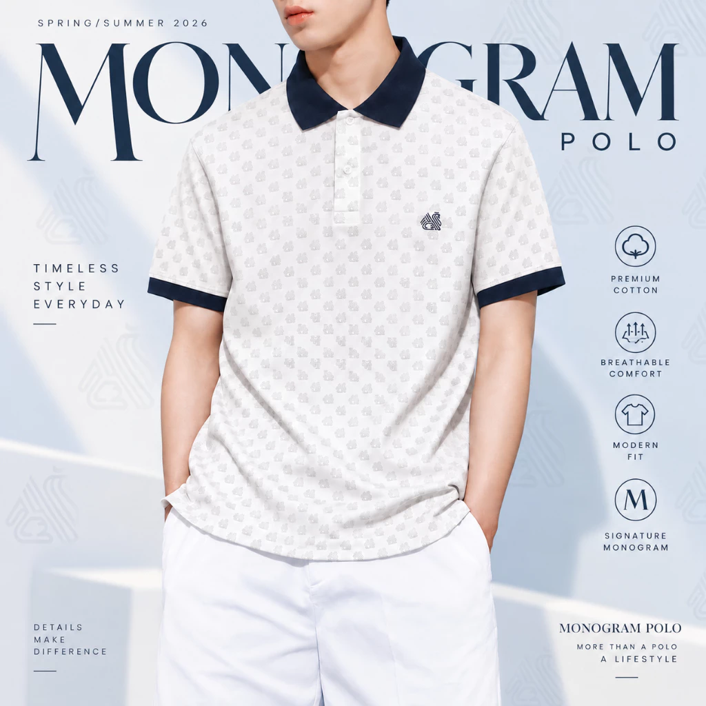 Áo polo nam TORANO MONOGRAM POLO bo kẻ chất thoáng khí thoải mái vải cotton trơn BASIC GSTP051
