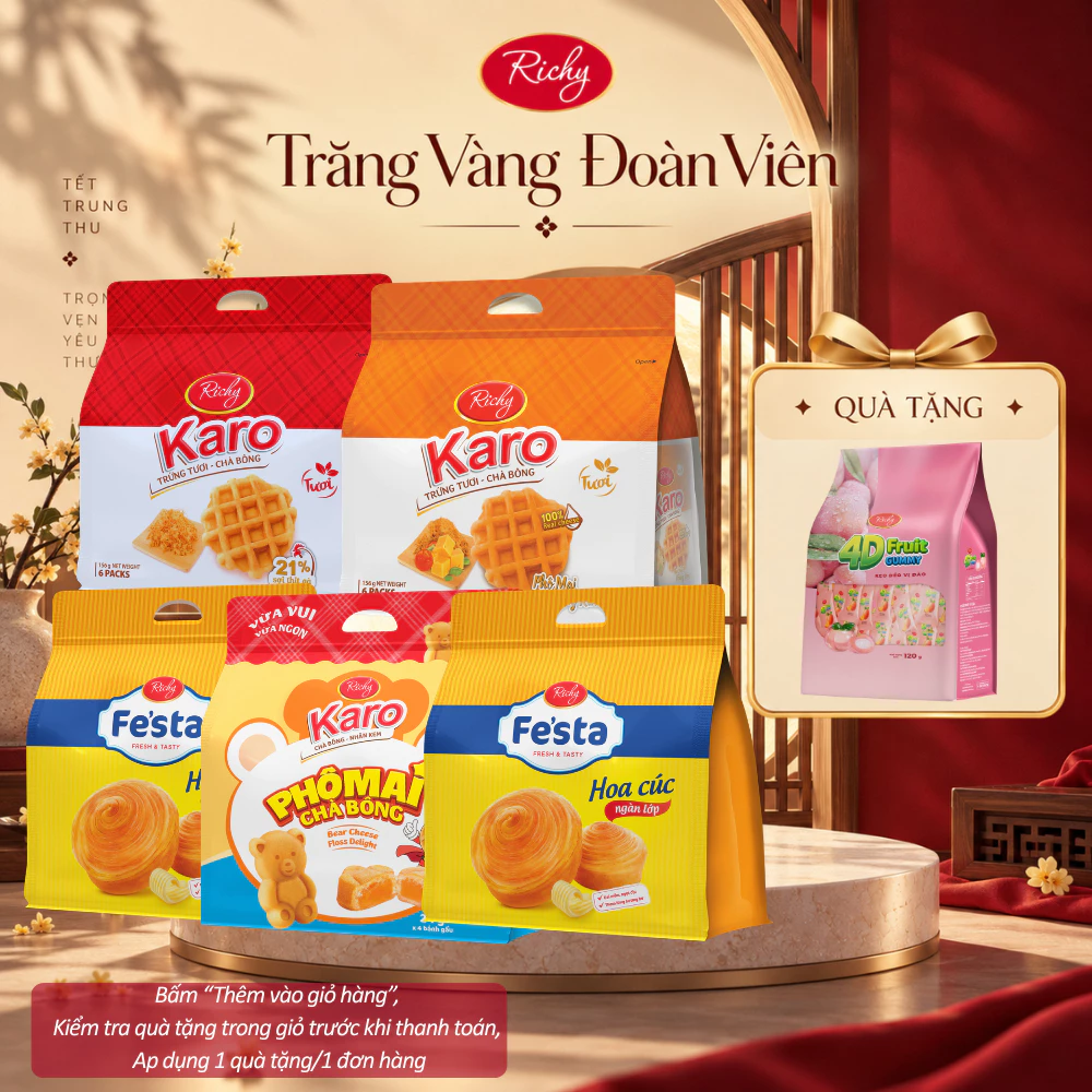 [HỎA TỐC HN] [TẶNG KẸO 4D] Combo 5 Bánh Tươi Karo Richy: Karo Sợi Gà, Karo Hoàng Kim, Karo Gấu & 2 Bánh Mì Hoa Cúc