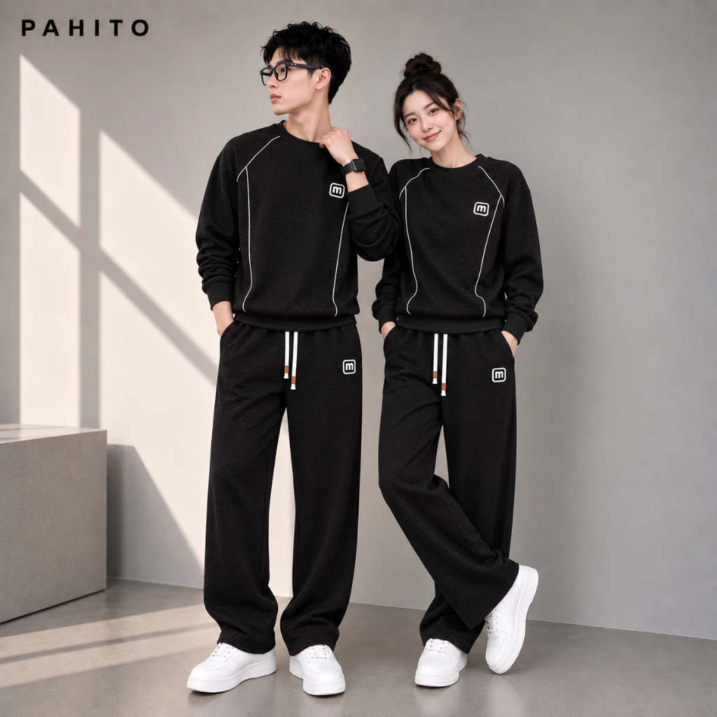 (DEAL MỞ BÁN)  Bộ Quần Áo Nam Nữ Thu Đông PAHITO Vải Nỉ Hai Da Thêu Chữ M - DB20
